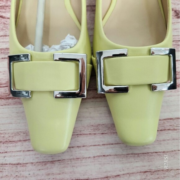 C.Paravano Metal Buckle Square Toe Low Block Heels yellow EU38/US7.5 NWOT - Picture 12 of 12